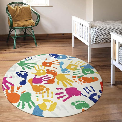 Colorful Round Rug for Kids Bedroom, 4'x4' Handprints and Footprints Circle Rug for Playroom, Rainbow Washable Rug for Nursery, Small Circular Carpet for Classroom Dorm Daycare - LeafyLoom