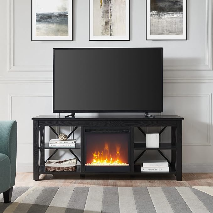 Henn&Hart Rectangular TV Stand with Crystal Fireplace for TV's up to 65" in Black, TV Stands for the Living Room - LeafyLoom