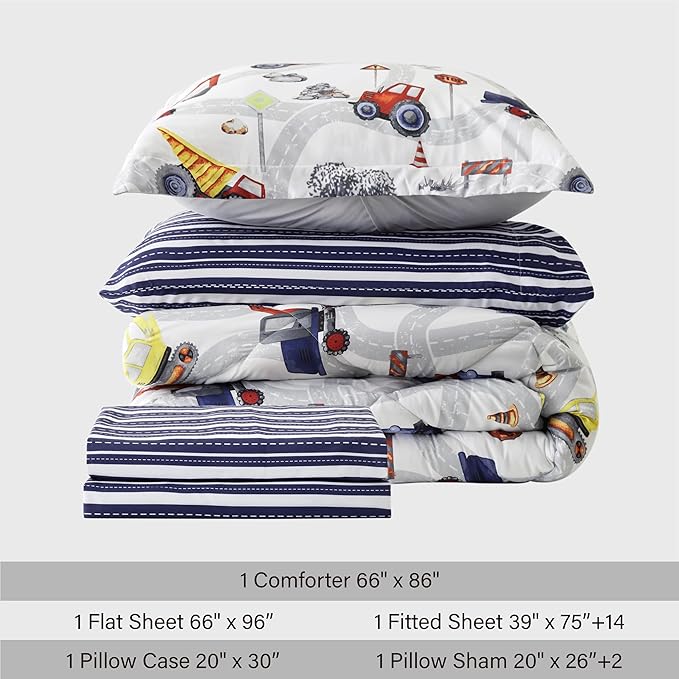 Truck Twin Comforter Set for Boys,5 Pieces Kids Bedroom Bedding Set with Sheets and Pillowcase,Super Soft Lightweight for All Seasons,Car,Machine Washable - LeafyLoom