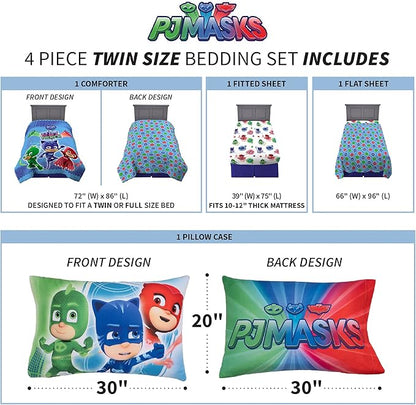 Franco Kids Bedding Super Soft Comforter and Sheet Set, 4 Piece Twin Size, PJ Masks - LeafyLoom