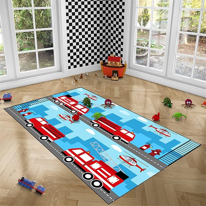 Car Rug Play Mat Car Rug Play Mat Car Rug for Boys Room Fire Fighting Truck Red Car Printed Rug Play Rug for Cars and Trucks Play Rugs for Kids Rooms,Light Blue 3'×5' - LeafyLoom