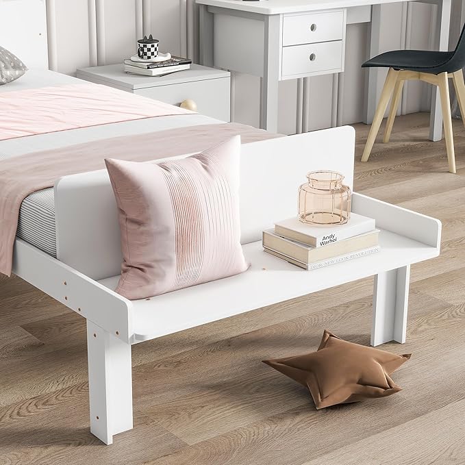 Twin Bed with Footboard Bench, Twin Kid Bed with Headboard, Wood Slat Support, Cute Kid Bed Frame with Book Storage Space, Twin Car Bed for Boys Girls Bedroom, No Box Spring Needed, White - LeafyLoom