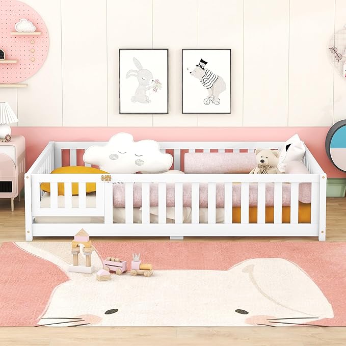 Multifunctional Full Size Floor Bed with Safety Guardrails and Door, Removable Wood Slats, Montessori Beds Frame for Toddlers, for Boys and Girls, White - LeafyLoom