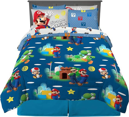 Franco Kids Bedding Super Soft Comforter and Sheet Set with Sham, 7 Piece Full Size, Mario - LeafyLoom