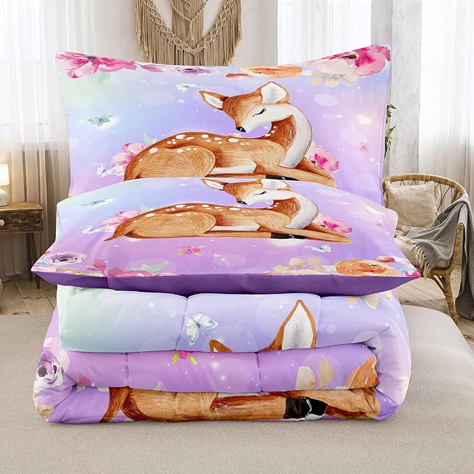 NINENINE Cute Deer Bedding for Girls Kawaii Deer Comforter Sets for Girls,Pink Deer Bedding Twin Bedding Set for Kids Girls,Watercolor Wildlife Comforter with 1 Comforter 1 Pillowcase… - LeafyLoom