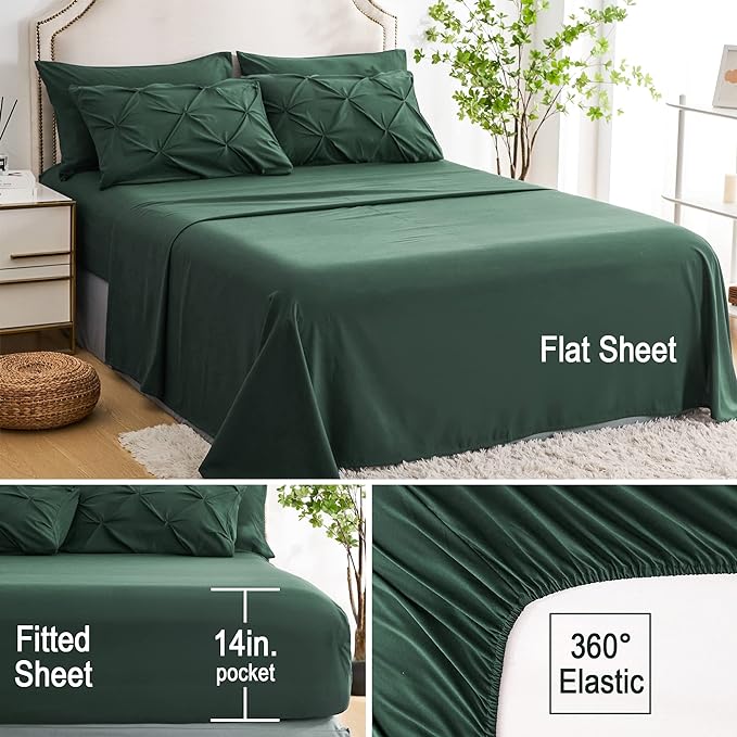 Ubauba 7pc King Size Comforter Set with Sheets Dark Green, Emerald 7 Pieces Pinch Pleat Bed in a Bag, All Season Hunter Green Beddings Set with Comforters (Green,King) - LeafyLoom