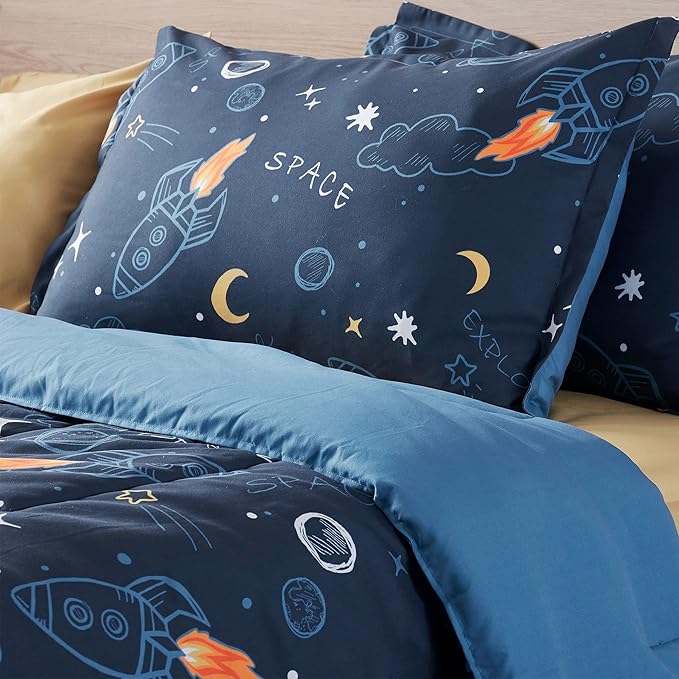 SLEEP ZONE Kids Bedding Twin Comforter Set - Super Soft & Cute Printed 2-Piece Comforter Set All Seasons for Boys, Girls, Fade Resistant, Machine Washable, Space Rocket - LeafyLoom