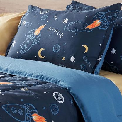 SLEEP ZONE Kids Bedding Comforter Set Full/Queen Size - Super Soft & Cute Printed 3-Piece Comforter Set All Seasons for Boys, Girls, Fade Resistant, Machine Washable, Space Rocket - LeafyLoom