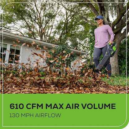 Greenworks 60V 610 CFM Cordless Leaf Blower, 2.5 Ah Battery and Rapid Charger - LeafyLoom