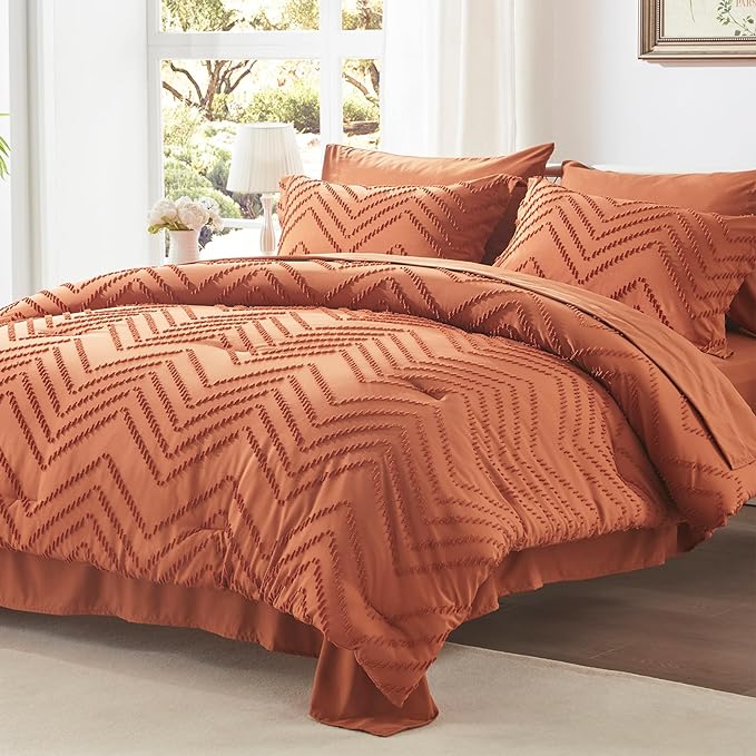 Anluoer Full Comforter Set, Burnt Orange Tufted Bed in a Bag 7 Pieces with comforters and sheets, All Season Bedding Sets with 1 Comforter, 2 PillowShams, 2 Pillowcases, 1 Flat Sheet, 1 Fitted Sheet - LeafyLoom