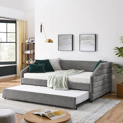 Full Size Daybed with Trundle Linen Upholstered Tufted Sofa Bed,Multi-Functional Day Bed Frame,No Box Spring Needed,for Bedroom, Guest Room,Grey (82.5"x58"x34" - LeafyLoom