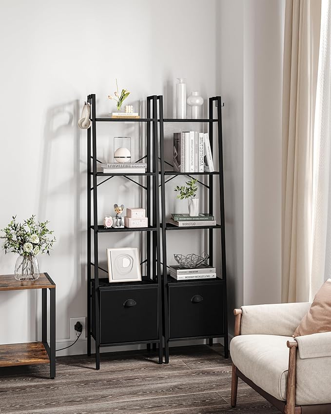 Narrow Bookshelf Bookcase with Drawer, Ladder Shelf with 2 Hooks, Bookshelves Storage Organizer, Freestanding Display Standing for Home Office, Bedroom, 5 Tier Black BC19504B - LeafyLoom