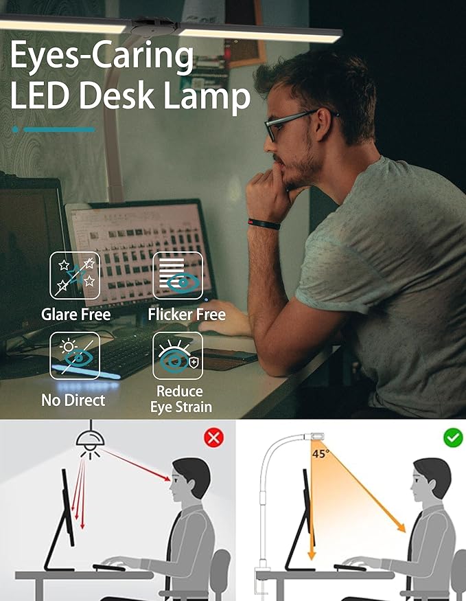 LED Desk Lamp with Clamp for Home Office,Double Head Eye-Caring Clip on Lights with Remote,10 Dimmable Brightness, 24W Bright Desk Light for Reading Study Workbench Drafting, Flexible Gooseneck Lamp - LeafyLoom