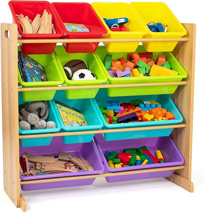 Humble Crew Kids Toy Storage Organizer with 12 Storage Bins, Rainbow/Natural Wood - LeafyLoom