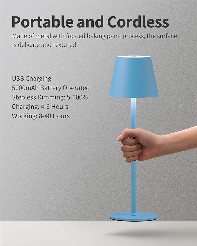 Cordless Rechargeable Table Lamp Set of 2, 5000mAh Battery Powered LED Desk Lamps, 3 Color Stepless Dimming Up, Portable Table Light Lamp for Bedroom Restaurant Outdoor (Sky Blue) - LeafyLoom