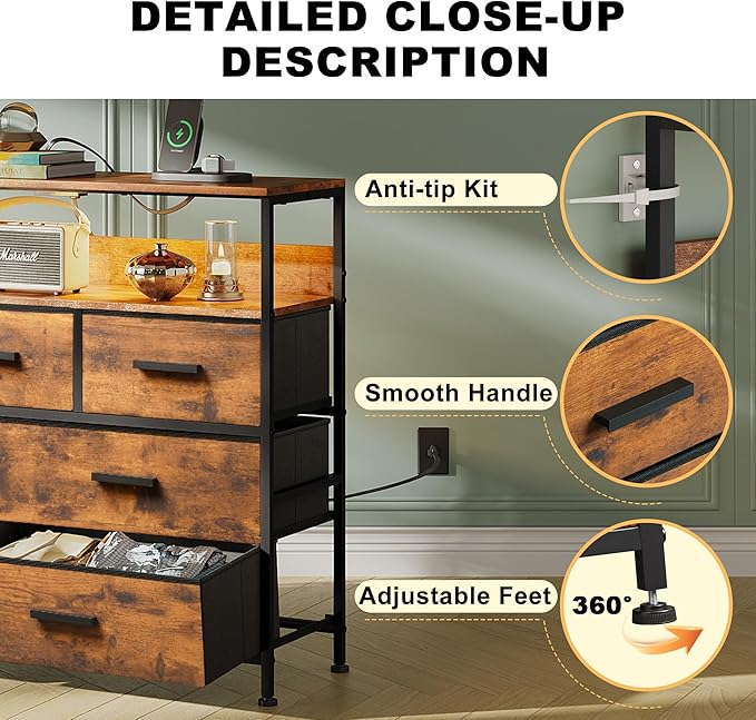 Dresser TV Stand with 7 Drawers, Dresser TV Stand with LED Lights & Power Outlets, Bedroom Dresser, Chest of Drawers up to 45'' Long TV, Wide Fabric Dresser with Open Shelf (Rustic Brown) - LeafyLoom