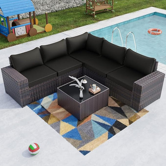 Kullavik 6PCS Outdoor Patio Furniture Set PE Wicker Rattan Sectional Sofa Patio Conversation Sets,Black - LeafyLoom