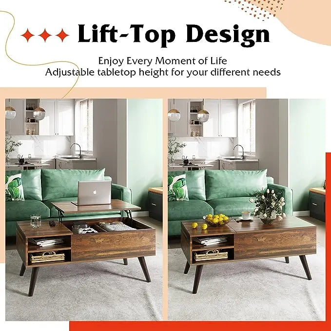 WLIVE Wood Lift Top Coffee Table with Hidden Compartment and Adjustable Storage Shelf, Lift Tabletop Dining Table for Home Living Room, Office, Rustic Oak - LeafyLoom