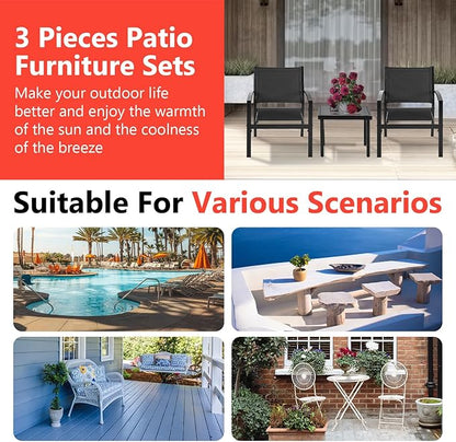 FDW 3 Pieces Patio Furniture Set, Outdoor Garden Patio Conversation Sets with Glass Top Table & 2 Lawn Chairs Outdoor Bistro Set, for Backyard Lawn Porch Garden Poolside Balcony - LeafyLoom