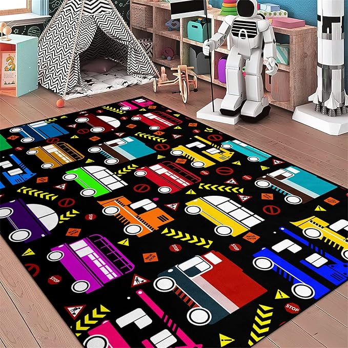 Car Play Mat Kids Rugs for Playroom Car Track Rug Kids Mat Construction Play Mat Car Play Rug Car Carpet for Kids Carpet for Bedroom Truck Rugs for Boys Room,Black 3'×4' - LeafyLoom