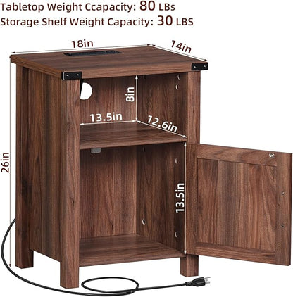 Night Stand Set of 2, 18 Inch Farmhouse Nightstand with with Charging Station and USB Port, Rustic Wood Bedside Table with Magnetic Door, Bed Side Tables for Bedroom, Brown Walnut - LeafyLoom