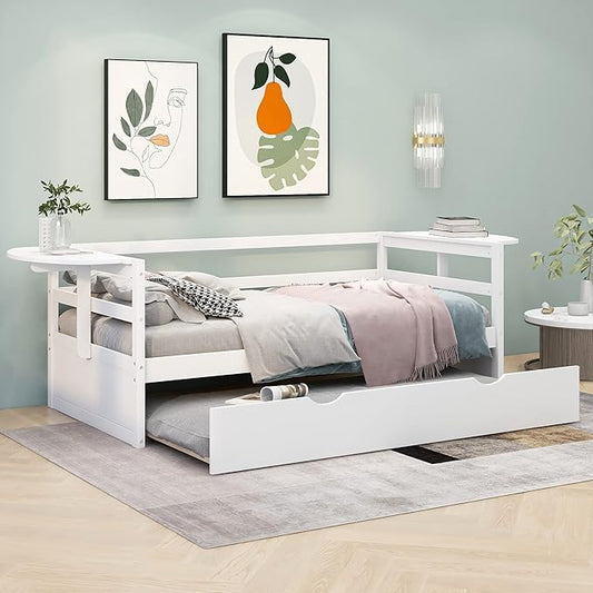 Merax Modern Wood Daybed with Twin Size Trundle and Two Foldable Shelves, Multifunction Sofa Bed Frame for Family, Kids, Teens, No Box Spring Needed, White - LeafyLoom