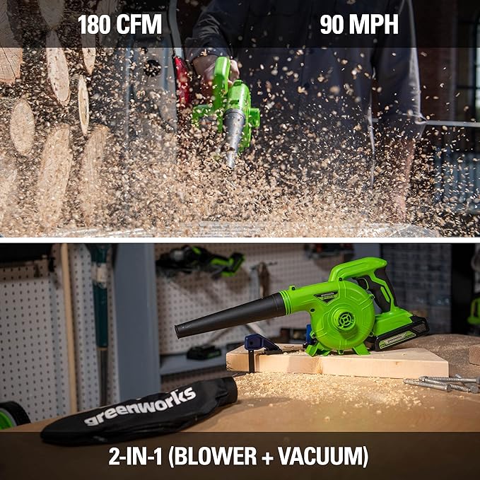 Greenworks 24V (90 MPH / 180 CFM / 125+ Compatible Tools) Cordless Shop Blower, Tool Only - LeafyLoom