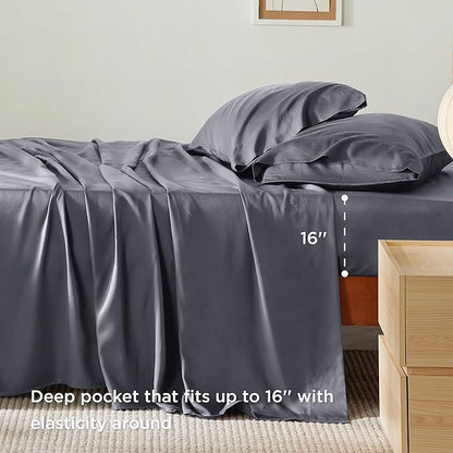 Bedsure Cooling Sheets for Full Size Bed, Viscose Derived from Bamboo, Deep Pocket up to 16", Breathable Soft Bed Sheets & Pillowcases, Dark Grey - LeafyLoom