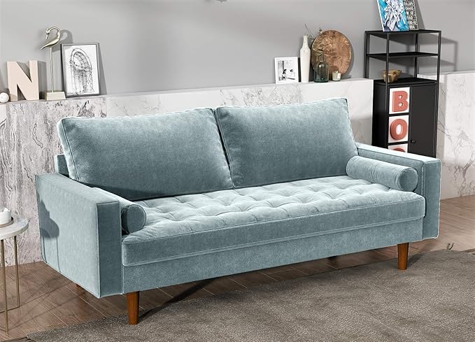 Womble Velvet Upholstered Living Room Diamond Tufted Chesterfield Sofa with Gleaming Nailheads, Steel Blue - LeafyLoom