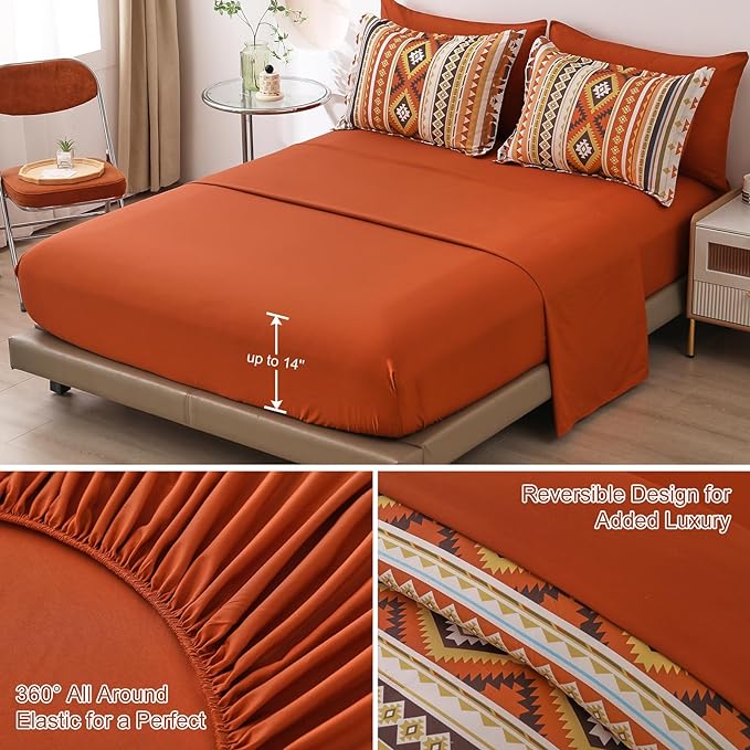 Dinjoy Queen Size Comforter Set Boho,Burn Orange Bed in a Bag Queen Striped Bedding Sets Terracotta Western Comforters with Sheets 7 Pieces Complete Set Aztec for All Seasons 90"x90" - LeafyLoom