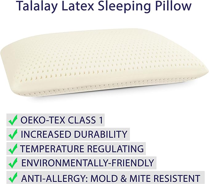 American Talalay Latex Medium Support Bed Pillow for Sleeping with Luxurious 100% Cotton Sateen, 400TC Cover, King High Profile – Made in USA - LeafyLoom