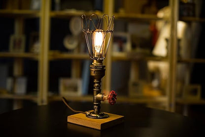 Loft Style Lamp, Pharos", Steam Punk Industrial Vintage Style, Wood Base Metal Body, Table Desk Light with Dimmer, LL-016 - LeafyLoom