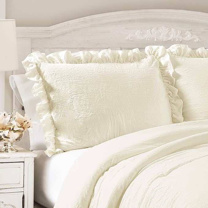 Lush Decor Reyna Ruffle Comforter Set - 3 Piece Cozy Ruffled Bedding Set - Timeless Elegance and Comfort for Dorm Room - Full/ Queen, Ivory - LeafyLoom