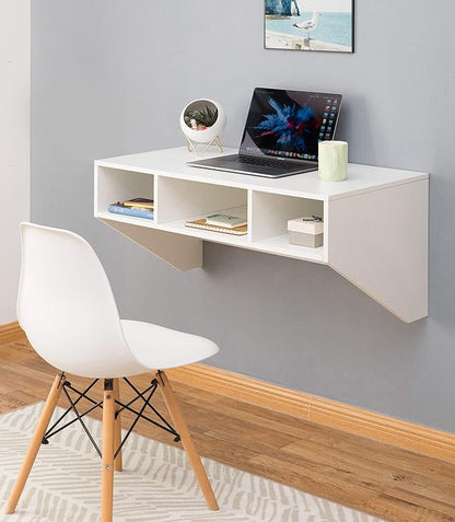 Wall Mounted Office Computer Desk with Three Compartments, White - LeafyLoom