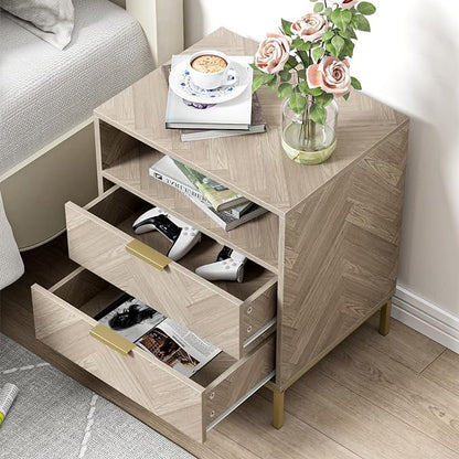 Anmytek Modern Nightstand for Bedroom, 2 Drawer Nightstand Square Bedside Table End Table with Storage for Bedroom, Sofa Side Table 2 Drawer Nightstand, Natural Oak, H0103 - LeafyLoom