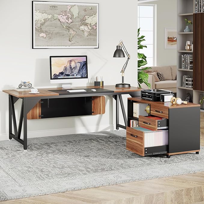 70.8" Executive Desk with 35.4" File Cabinet, L-Shaped Computer Desk, Wood Office Desk for Home Office - LeafyLoom