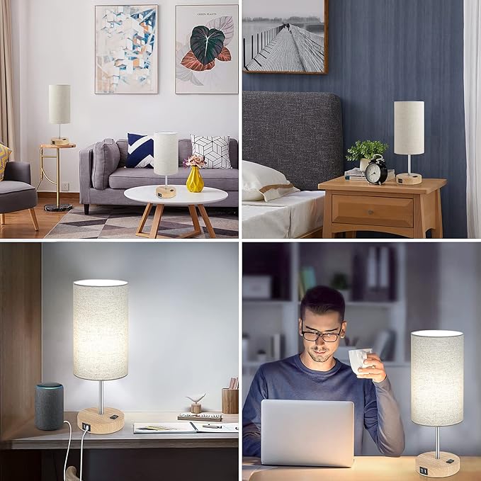 Bedside Table Lamps with 2 USB Charging Ports & AC Outlet, Set of 2 Touch Control Wooden Base Nightstand 3-Way Dimmable Lamps with Beige Fabric Shade for Bedroom, Living Room, A19 E26 Bulbs included - LeafyLoom