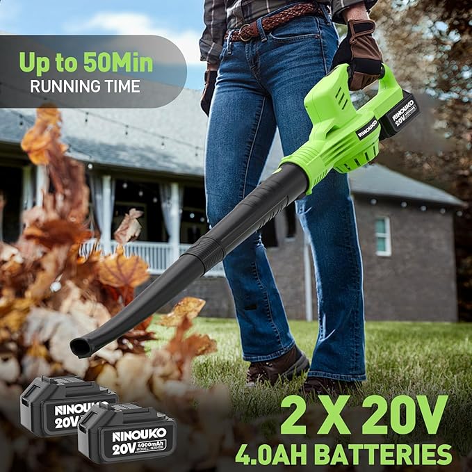 Cordless Leaf Blower, 150MPH Handheld Electric Leaf Blower with 2 x4.0Ah Battery and Charger, 2 Speed Modes, 20V Lightweight Battery Operated Leaf Blowers for Lawn Care, Patio, Blowing Leaves and Snow - LeafyLoom