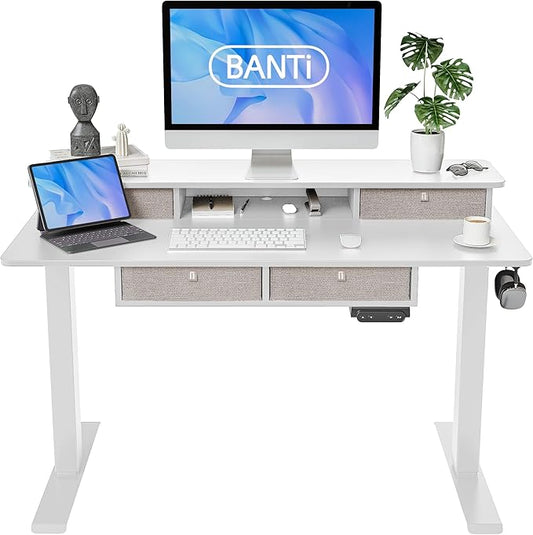 BANTI Height Adjustable Electric Standing Desk with 4 Drawers, 48 x 24 Inch Table with Storage Shelf, Sit Stand Desk, White Top - LeafyLoom