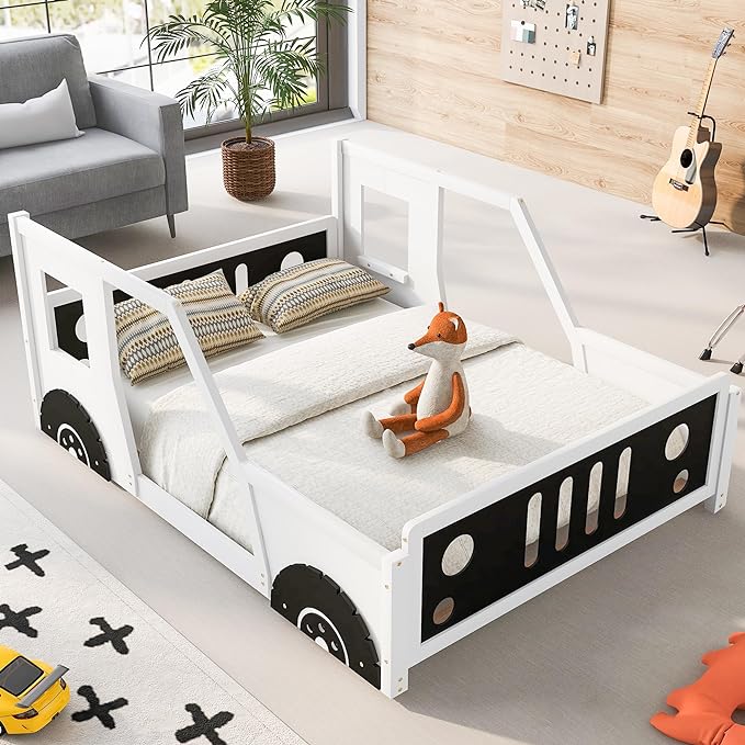 Full Size Classic Car-Shaped Platform Bed with Wheels,Wooden Floor Bedframe W/Door Design,Fun Play Toy Car Furniture for Boys Kids Toddlers Child's Bedroom,White - LeafyLoom