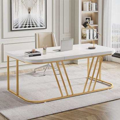 63 inches Executive Desk, Home Office Computer Desk, Modern Large Conference Table with Gold Metal Frame, Bussiness Furniture for Work Writing - LeafyLoom