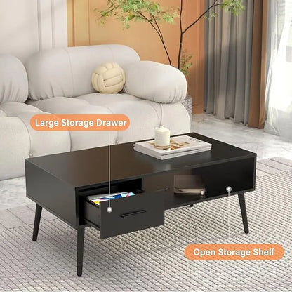 HAIOOU Coffee Table, Mid Century Modern Style Cocktail Table TV Stand with Drawer, Open Storage Shelf, Stable Floor-Anti-Scratching Pine Leg for Home, Office, Living Room - Black - LeafyLoom