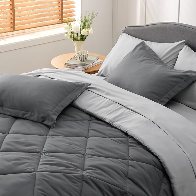 Bedsure Dark Grey California King Size Comforter Set - 7 Pieces Reversible California King Bed in a Bag, California King Dark Grey Bed Set with Comforters, Sheets, Pillowcases & Shams - LeafyLoom