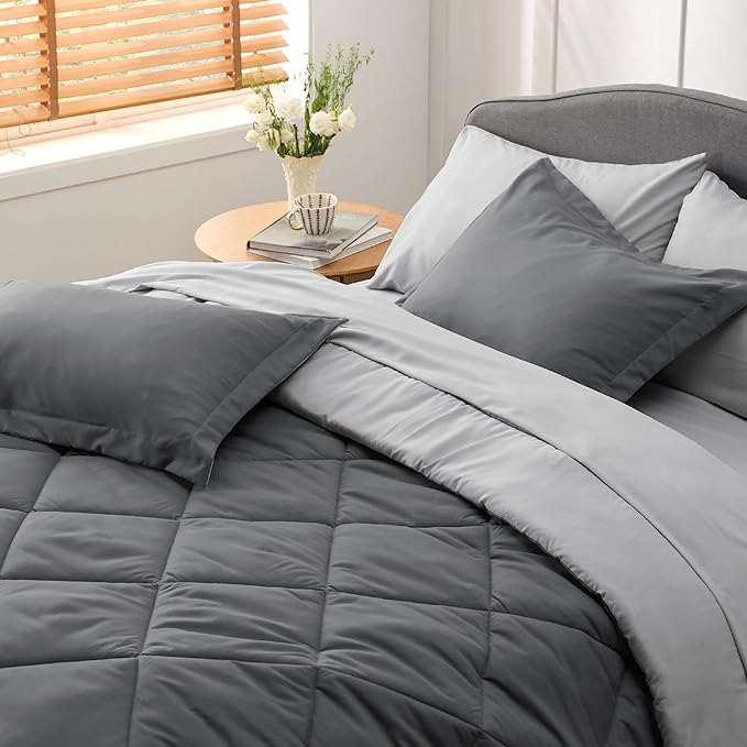 Bedsure Dark Grey Twin XL Comforter Set - 5 Pieces Reversible Twin XL Bed in a Bag for College, Extra Long Twin Bed Set Dark Grey with Comforters, Sheets, Pillowcase & Sham - LeafyLoom