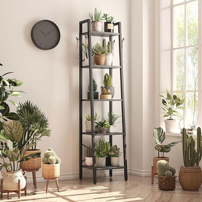 YMYNY 5 Tiers Ladder Bookcase, Industrial Narrow Bookshelf, Open Display Rack with 4 S Hooks, Metal Storage Shelves for Bedroom, Home Office, Living Room, Black, 63H*13.4L*11.8W, UHBC025B - LeafyLoom