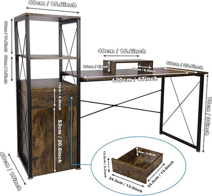 Becko US Computer Desk 63 Inch with Drawer & Storage Shelves, Home Office Desk with Removable Monitor Stand, Writing Gaming Table for Home Office (Rustic Brown) - LeafyLoom