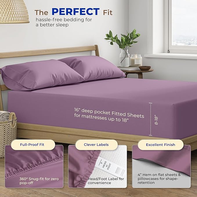 THREAD SPREAD Luxury Egyptian Cotton Sheets Twin XL Size - 600 Thread Count 3 PC Twin XL Sheets Deep Pockets, Extra Soft, Cooling Extra Long Staple Sateen Weave College Dorm Bedding Twin XL - Plum - LeafyLoom