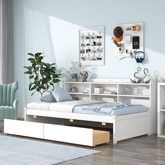 Twin Size Platform 2 Storage Drawers and Side Bookcase, Solid Wood Day Captain, Ideal Bed Frame for Bedroom, Living Room, White - LeafyLoom