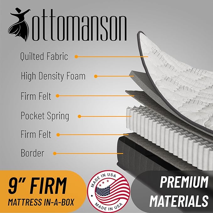 Ottomanson 9" King Mattress in a Box Made in USA, Medium-Firm Mattress, Hybrid Mattress Cool Improved Airflow with Edge to Edge Pocket Coil, Bed in A Box, Ottopedic - LeafyLoom