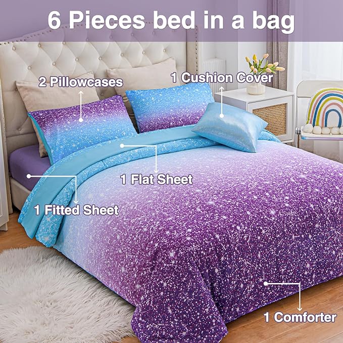 A Nice Night Girls Comforter Set Full Size 6 Piece Bed in A Bag 3D Colorful Sparkle Galaxy Rainbow Bedding Comforter Sheet Sets for Kids,BluePurple - LeafyLoom